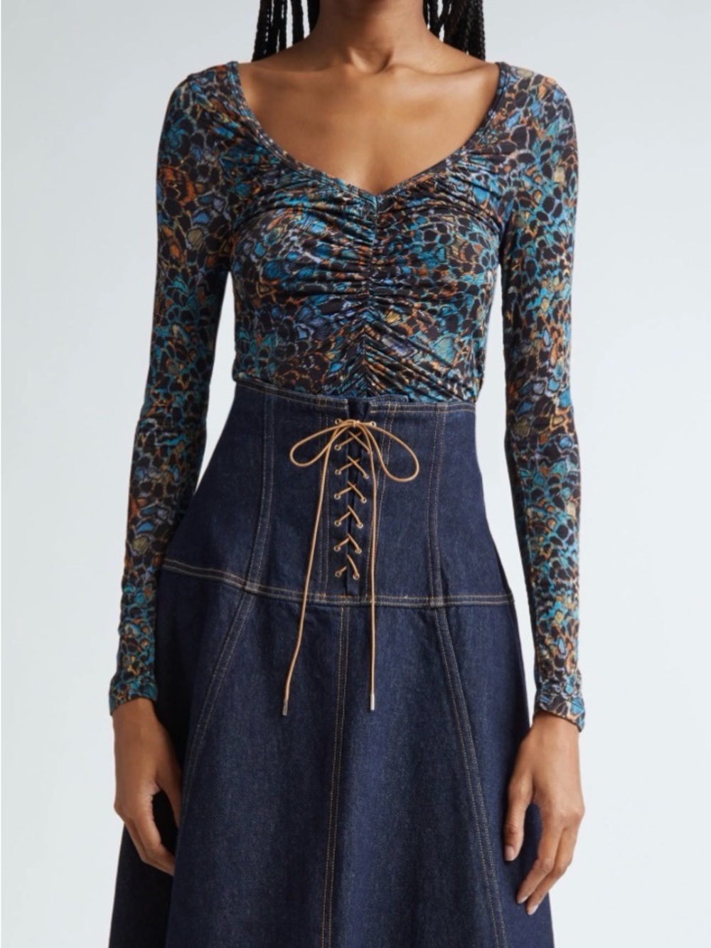 Ulla Johnson Black, Blue & Gold Ruched V-Neck Long Sleeve Top
